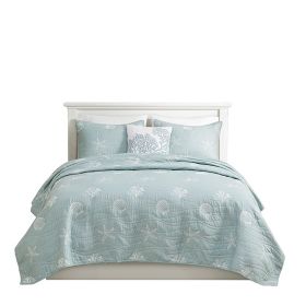 4 Piece Cotton Reversible Embroidered Quilt Set with Throw Pillow