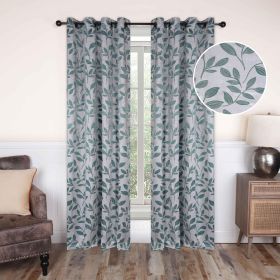 Leaves Machine Washable Room Darkening Blackout Curtains, Set of 2 (color: Teal, size: 52" X 63")